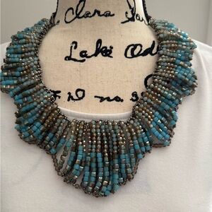 Tasha Blue and Gray Statement Necklace with Dramatic Bib Design